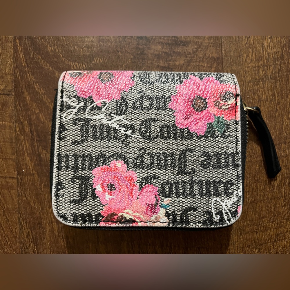 Juicy Couture black Gray and Pink Rose Floral Wallet